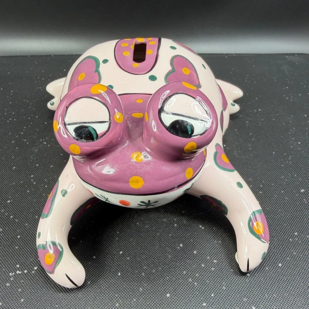 Ganz Bella Casa Ceramic Frog Piggy Bank Hand Painted Hearts Polka‎ Dots Pink